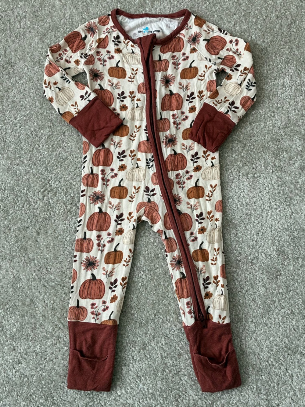 Toddler Cream Pumpkin-Print Zip Footie with Rust Trim